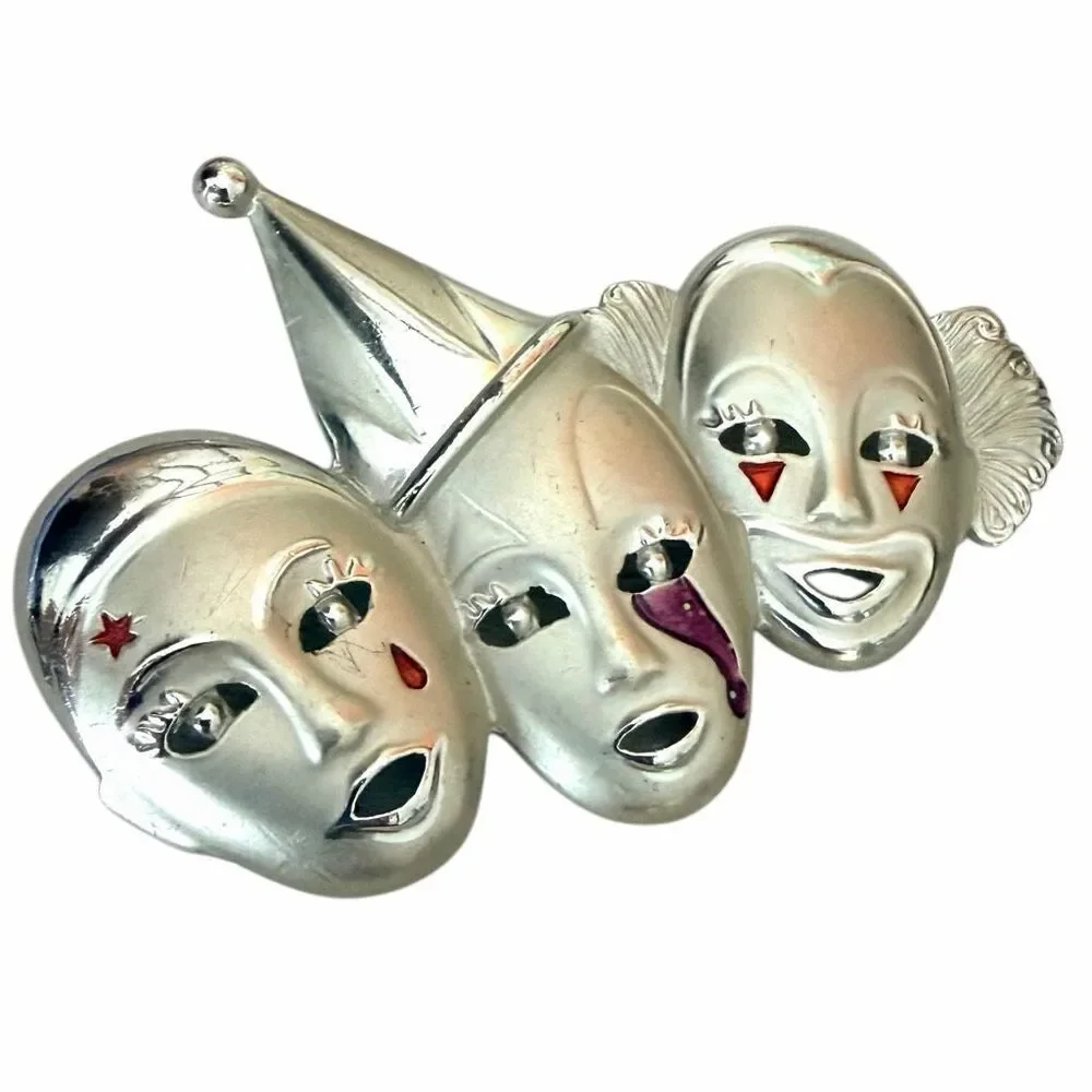 Vintage Silver Tone Triple Clown Theater Mask Enamel Brooch